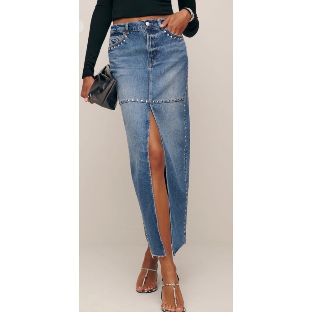 Reformation Jeans Studded Denim Maxi Skirt Blue Medium Wash  Slit Size 31